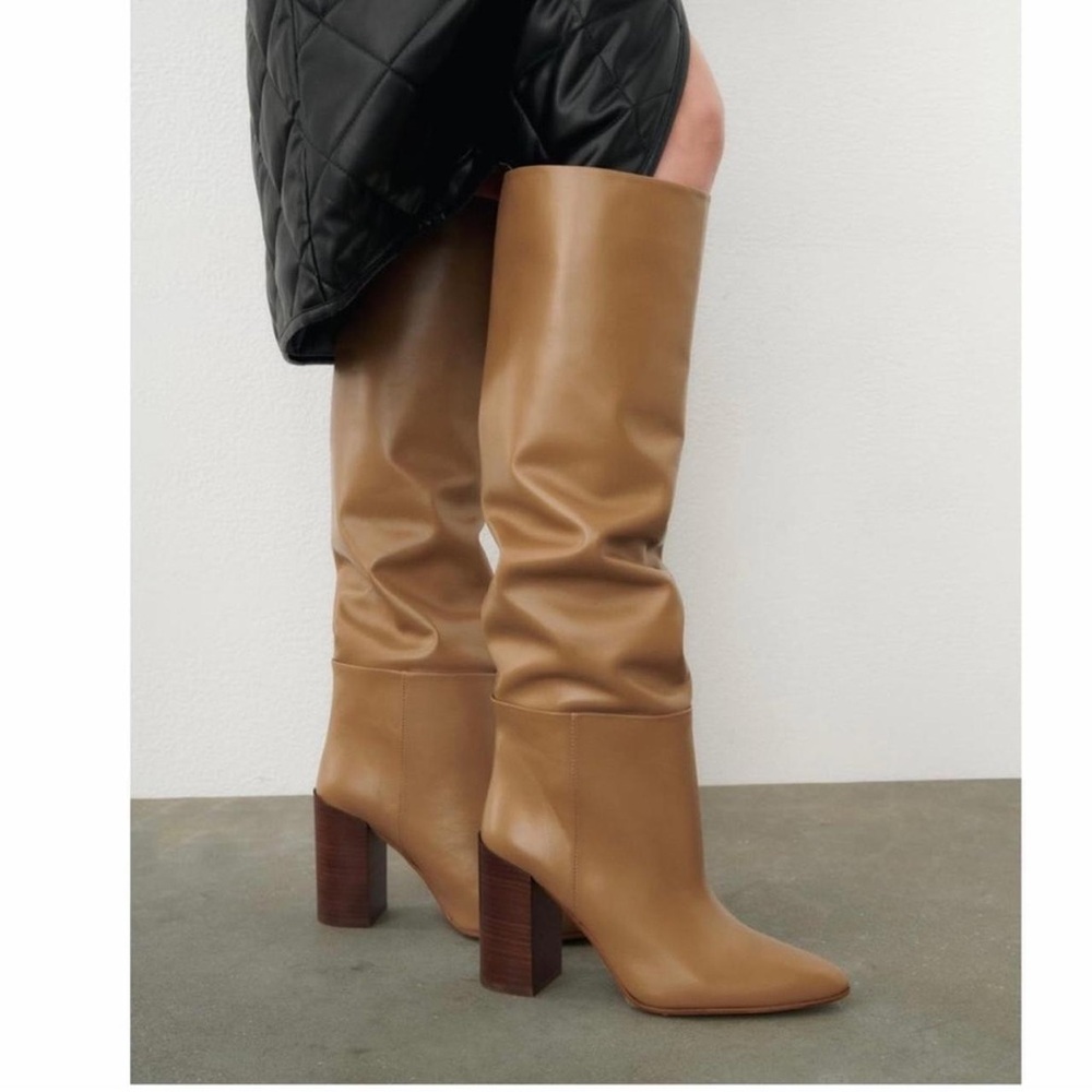 Knee high camel leather boots